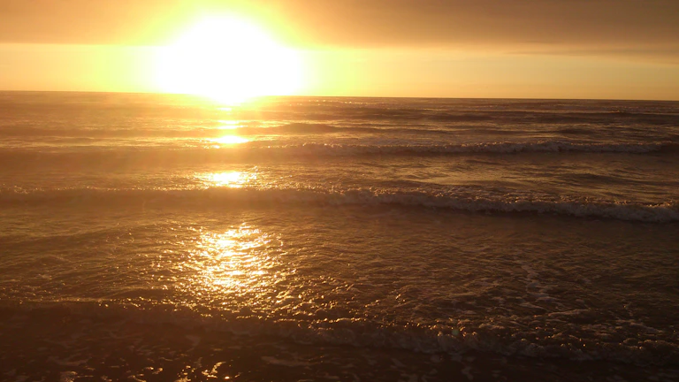 Sunset casting golden hues over Radhanagar Beach with gentle waves lapping the shore