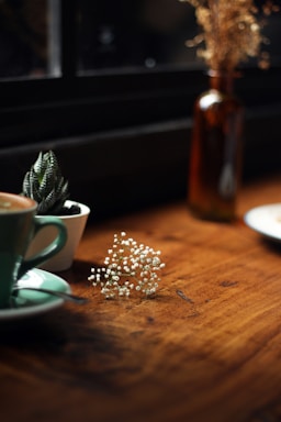 An inviting scene of a wooden table with bestea tea packets arranged alongside eco-friendly accessories and a small potted plant.