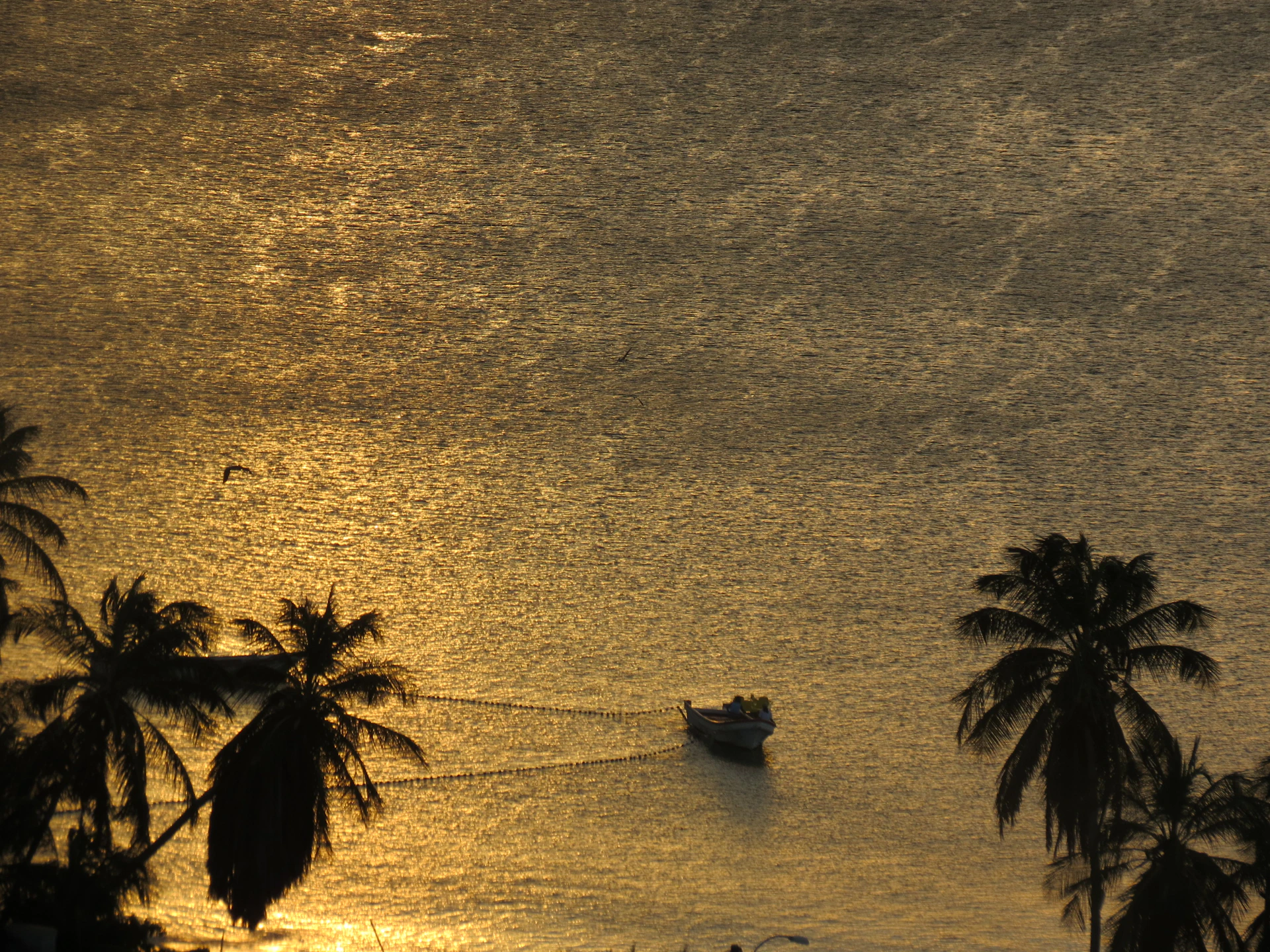 A serene view of the calm waters of the lagoon at Barra da Tijuca during golden hour, with small boats gently floating.