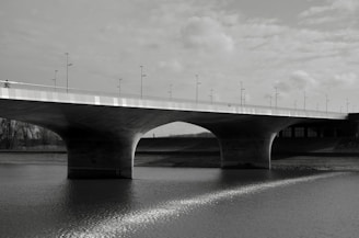 A newly constructed bridge spanning a river, showcasing solid concrete pillars and smooth road surface.