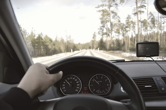 A view from inside a car showing a hand on the steering wheel, a speedometer, and a GPS device mounted on the dashboard. The road ahead stretches into the distance, lined with trees under a cloudy sky.
