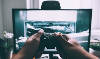 person holding game controller in-front of television