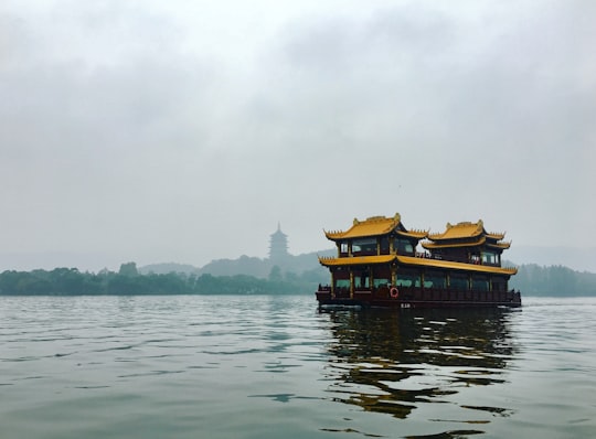 brown and green wooden boat on body of water during daytime in West Lake China