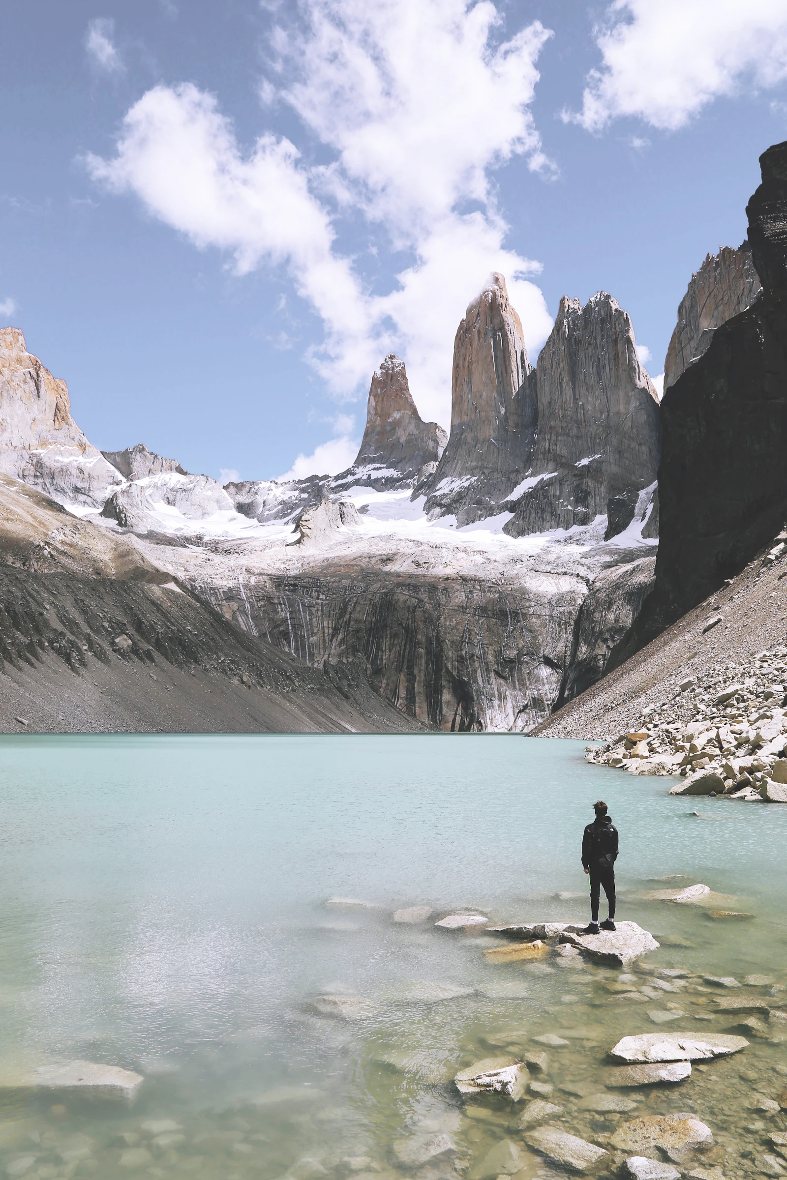 The granite towers of Torres del Paine above a glacial valley