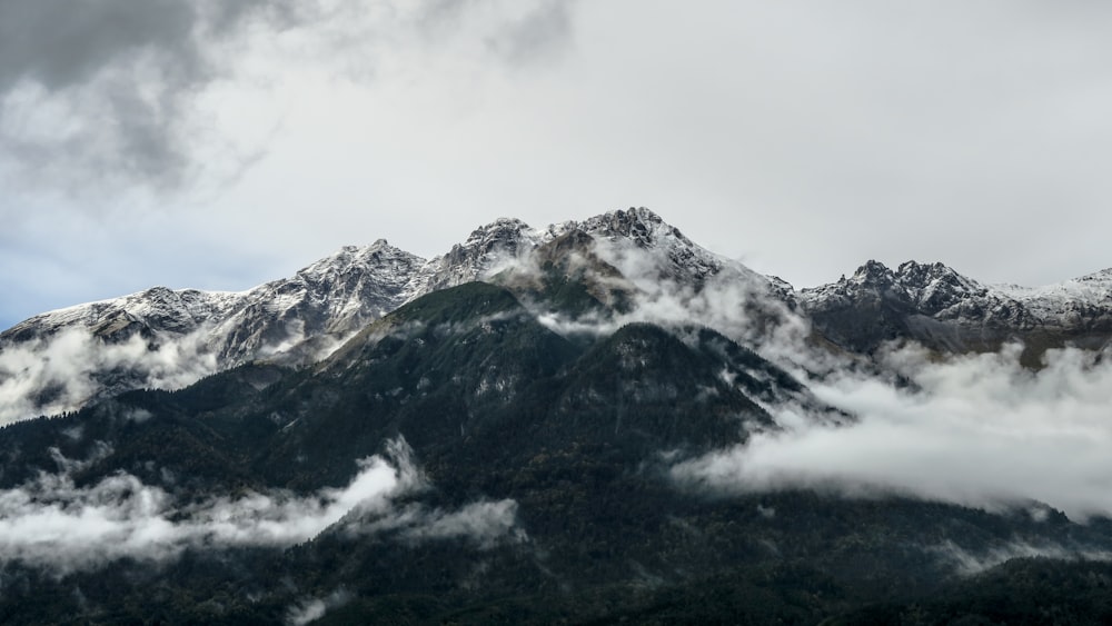 白い曇り空の下の山