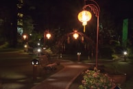 An elegant LED outdoor lantern illuminating a garden path.
