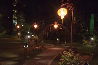 Beautifully designed outdoor lighting illuminating a pathway.