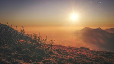 A golden sunrise over a misty mountain valley, with a lone photographer capturing the scene.