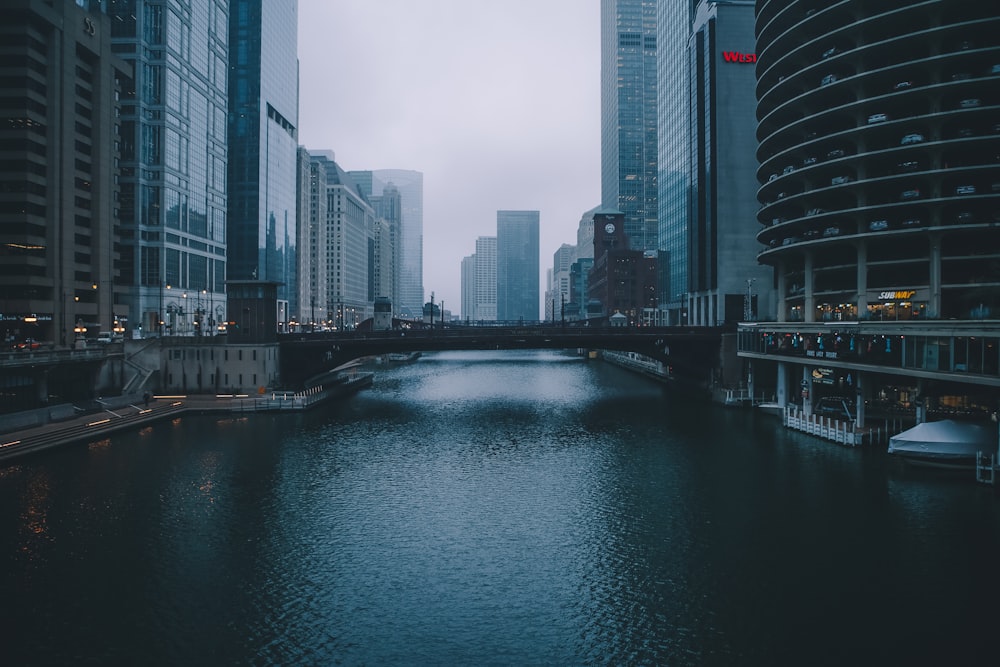 bridge between commercial buildings during daytime