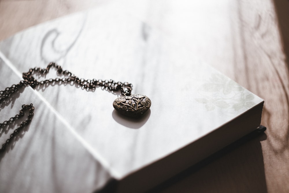 Sun falls on an antique locket, which sits atop an open book