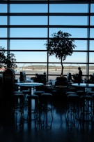 Silhouetted view of an airport lounge with large windows overlooking the runway. Trees and chairs create a pattern of shadows on the floor. Passengers are seated at tables, a mix of people sitting and walking creates a dynamic scene.