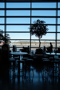 Silhouetted view of an airport lounge with large windows overlooking the runway. Trees and chairs create a pattern of shadows on the floor. Passengers are seated at tables, a mix of people sitting and walking creates a dynamic scene.