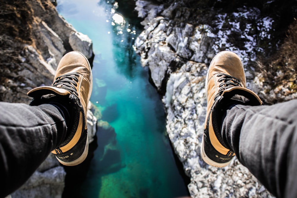 persons feet on body of water