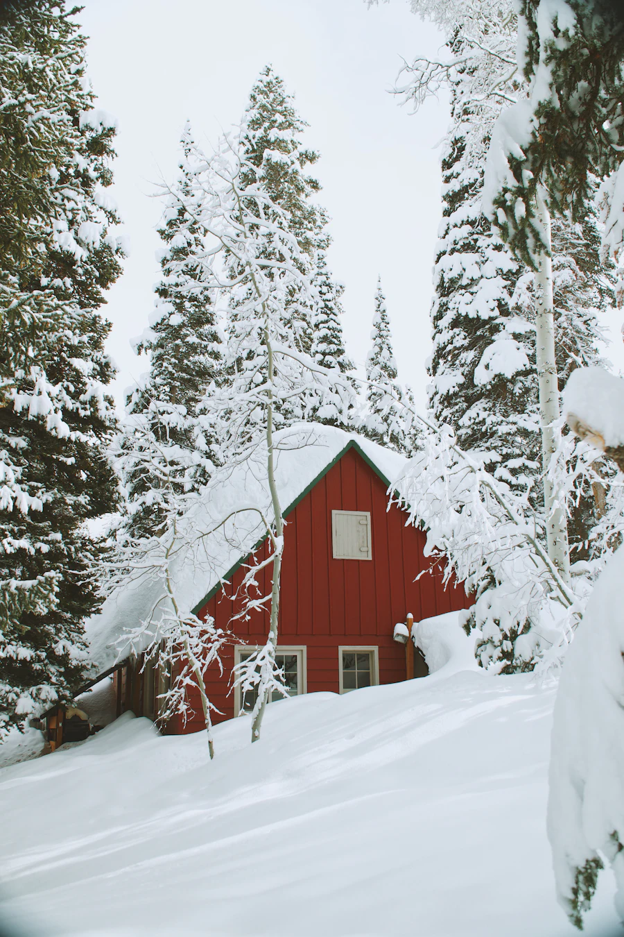 Wooden house covered in deep winter snow