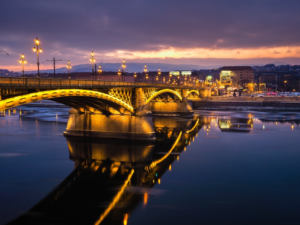 lighted concrete bridge near buildings