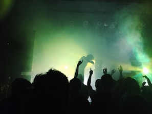 Crowd shot with fists raised, bathed in charcoal gray and acid green lighting haze.