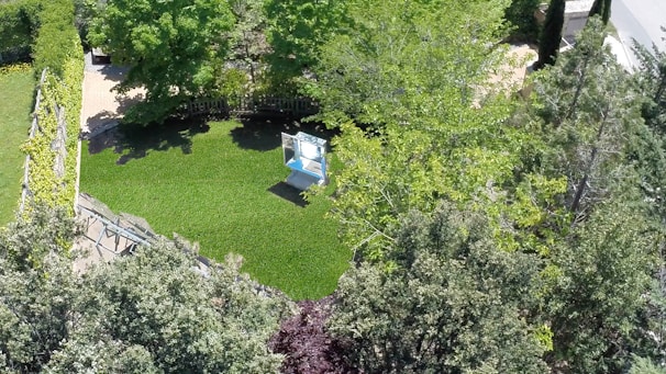 A lush green garden surrounded by various types of trees and bushes with a cleared pathway. A canvas on an easel is positioned on the grass, suggesting a space for art or leisure. The scene is viewed from above, providing a detailed view of the garden's layout and vegetation.