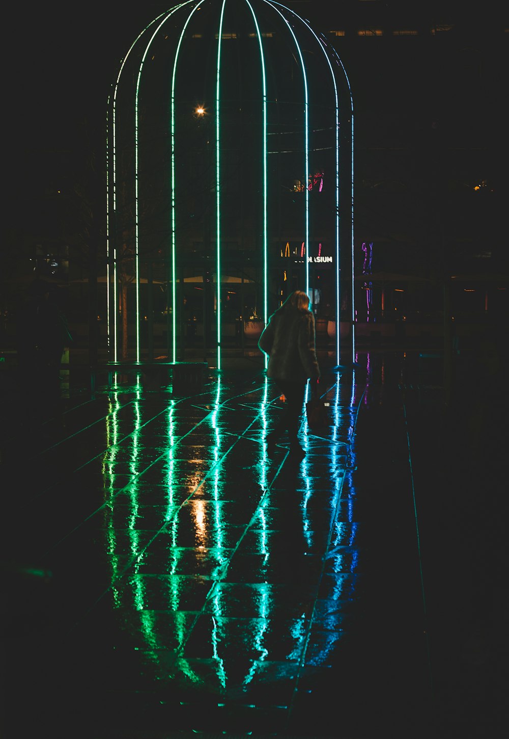 Neon light lines at King's Cross railroad station in London