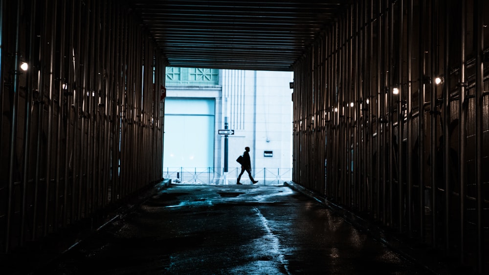 person walking in front of tunnel