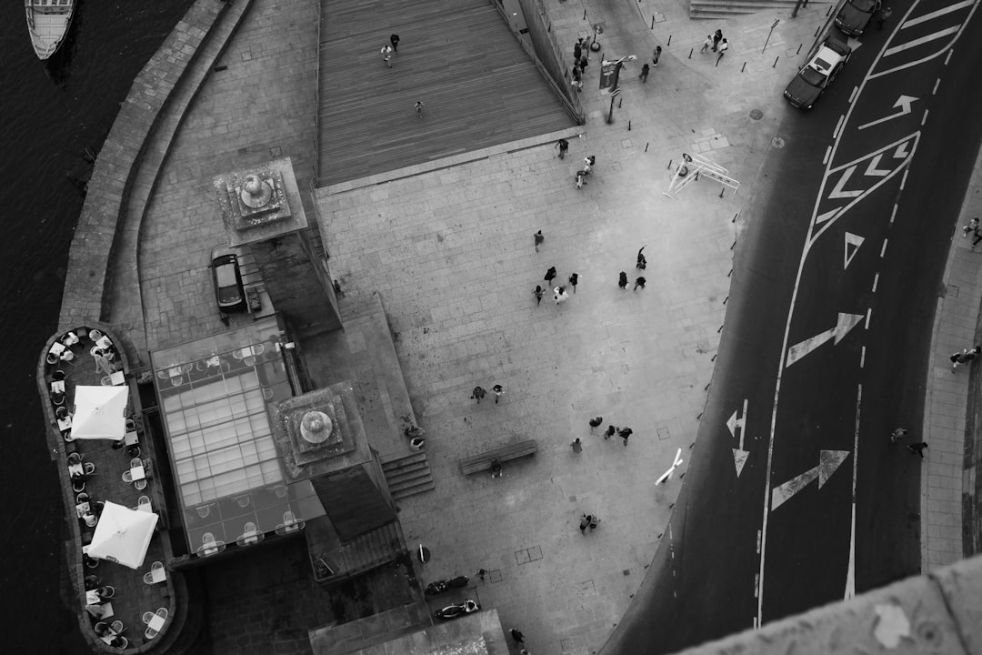 aerial grayscale photography of people on the street