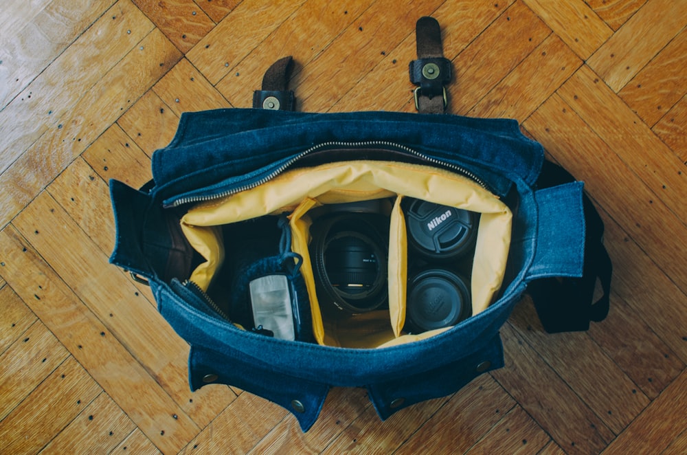 DSLR camera on bag