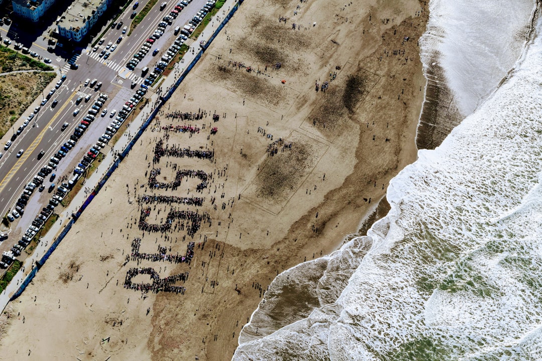 Thousands of protesters came to Ocean Beach in San Francisco Saturday Feb. 11, 2017 to send an anti-Trump message: “Resist!!”

They lined up and formed the letters. The first exclamation point is largely pink.

I happen to be on a helicopter flight in the area so I was able to take this shot.