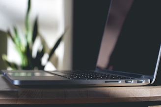 A sleek, modern laptop with a focus on its side profile, featuring various ports. The laptop is placed on a wooden table, and in the blurred background, there is a plant with soft, natural lighting creating a warm atmosphere.