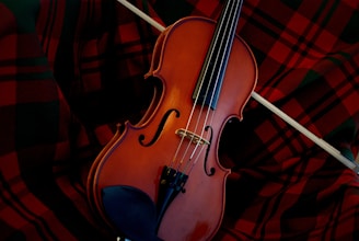 A violin resting on a red and black plaid fabric, with a bow placed across the instrument. The warm brown tones of the wooden violin contrast with the vibrant pattern of the cloth.