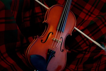 A violin resting on a red and black plaid fabric, with a bow placed across the instrument. The warm brown tones of the wooden violin contrast with the vibrant pattern of the cloth.