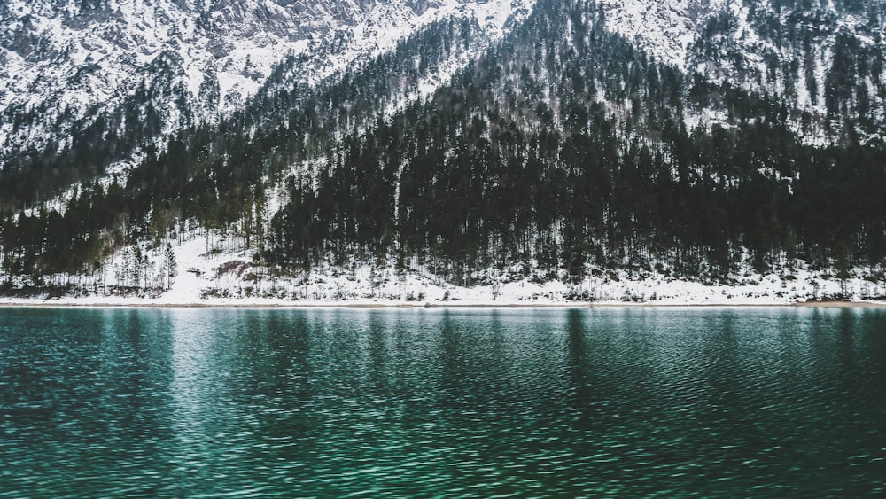 mountain covered with snow near body of water