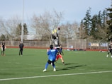 Several athletes on a sports field are playing football. One player is leaping into the air to catch a football, while others look on. The field is surrounded by trees and a wire fence. The weather seems clear and sunny.