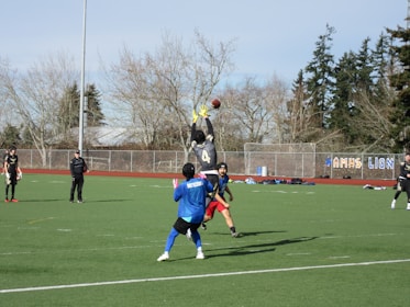 Several athletes on a sports field are playing football. One player is leaping into the air to catch a football, while others look on. The field is surrounded by trees and a wire fence. The weather seems clear and sunny.