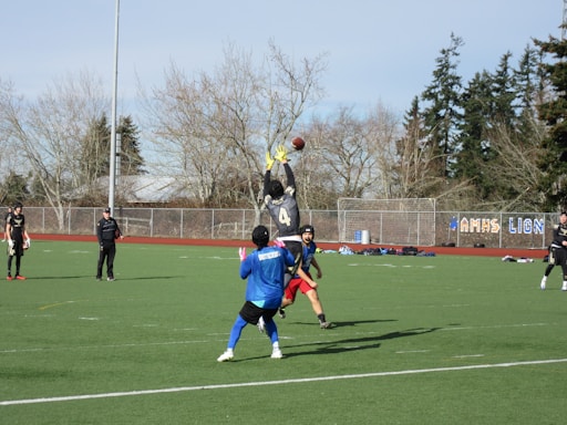 Several athletes on a sports field are playing football. One player is leaping into the air to catch a football, while others look on. The field is surrounded by trees and a wire fence. The weather seems clear and sunny.