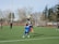 Several athletes on a sports field are playing football. One player is leaping into the air to catch a football, while others look on. The field is surrounded by trees and a wire fence. The weather seems clear and sunny.