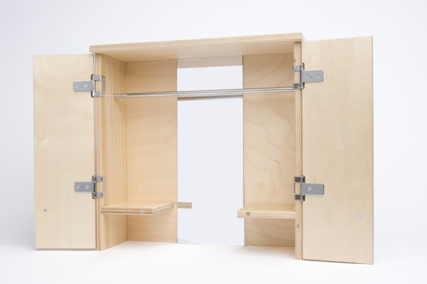 A simple wooden cabinet with two open doors revealing a metal rod for hanging items. The interior is minimalist, featuring a light wood finish and some metal hinges.