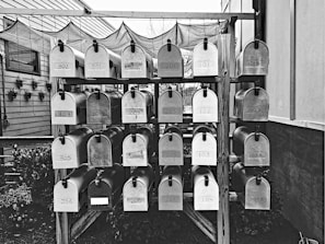 A collection of metal mailboxes is neatly arranged in several rows and columns on a wooden stand. Each mailbox is labeled with a number, indicating addresses or apartment units. The setting is outdoors, with some plants visible along the side of a building.