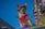 A small dog wearing colorful attire, including a red cap and goggles, stands against a vivid blue sky. It is adorned with a red bow and multicolored decorations, giving a festive appearance. The background includes blurred urban elements and bright, colorful lights, suggesting a parade or celebration setting.