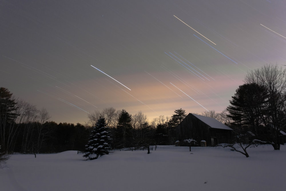 snow-covered house surrounded by trees during nighttime