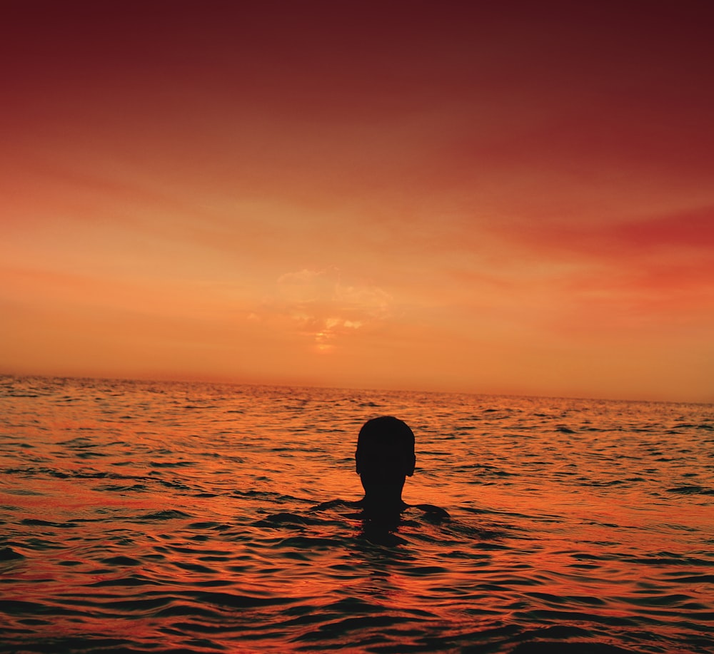 silhouette di persona nell'oceano durante il tramonto