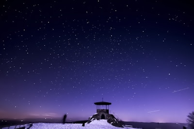 Under a vast, starry sky, an observatory stands silhouetted against a twilight backdrop. The scene captures a serene, night-time moment with a single person standing by the structure. The rich gradient of blue to purple across the sky adds depth and tranquility.