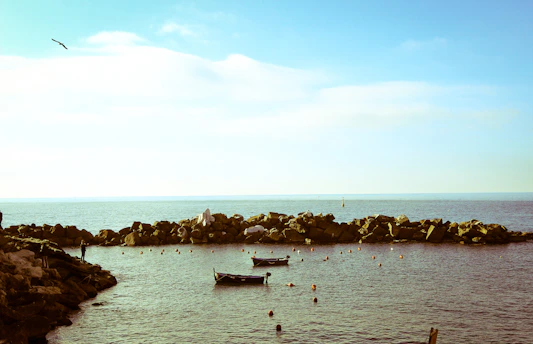 A serene coastal scene at dusk highlighting a small maritime volunteer team preparing medical supplies for a transborder mission.