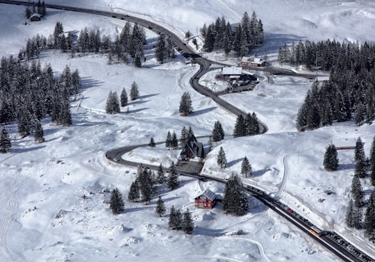 snow covered mountain with road and trees in Säntis Switzerland