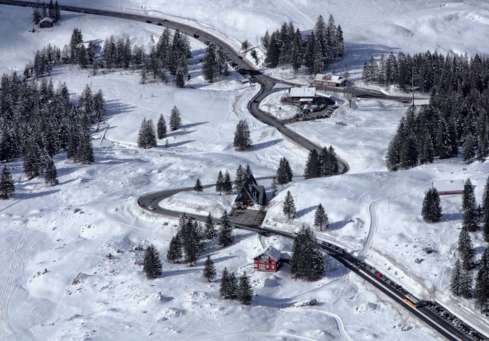 snow covered mountain with road and trees