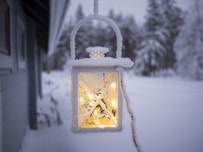 white pendant lamp hanging on ceiling outside of snow covered forest