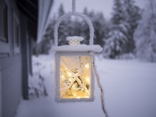 white pendant lamp hanging on ceiling outside of snow covered forest