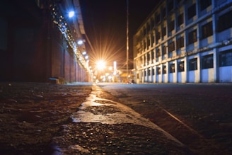 Nighttime shot of a gritty city street freshly paved, glowing under the orange streetlights.