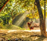 Children playing joyfully in a sunlit garden surrounded by greenery