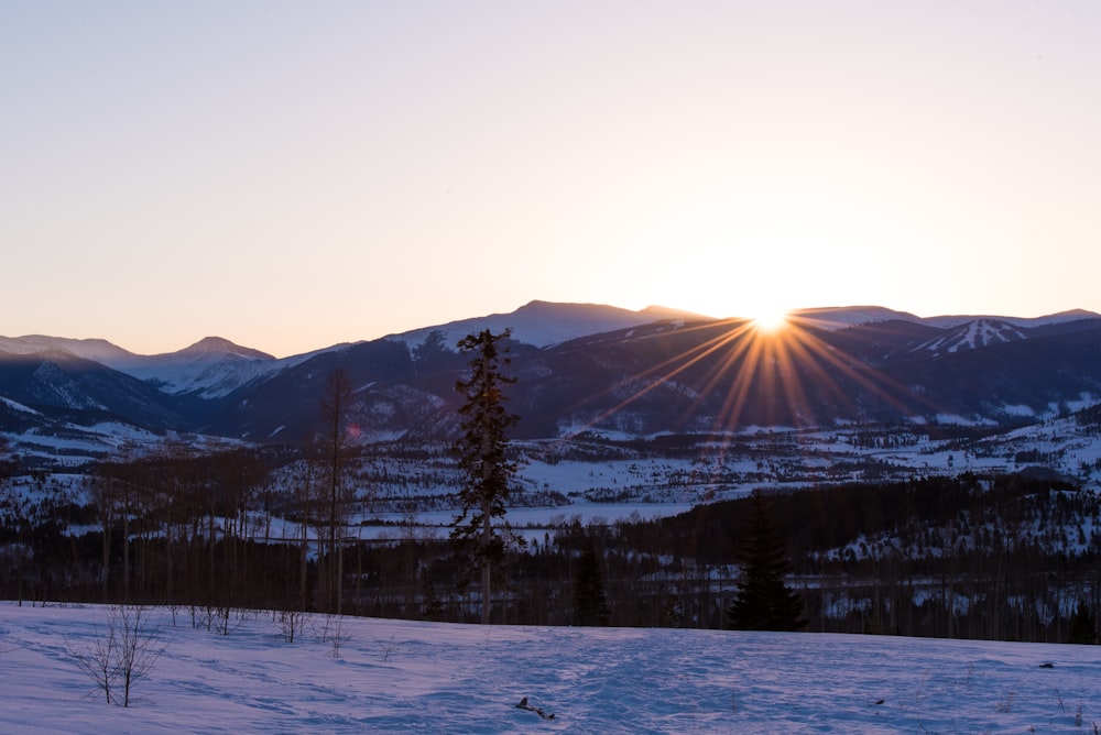 snow-covered mountains near plain area at sunset