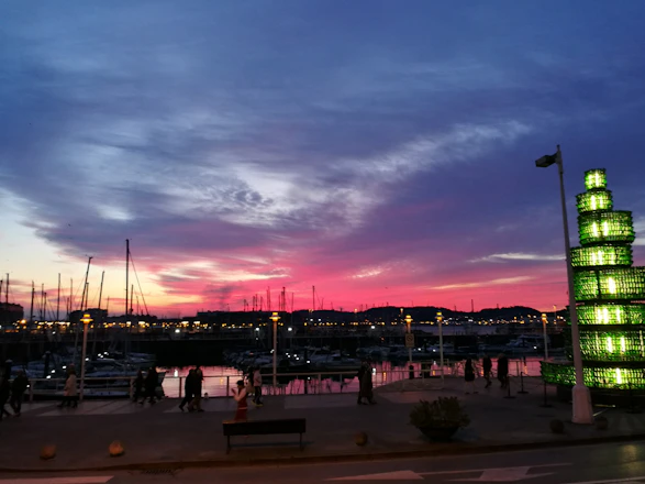 A vibrant marina at sunset with boats connected digitally through a glowing network overlay.