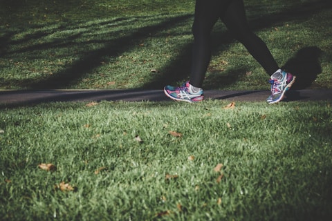 shallow focus photography of person walking on road between grass